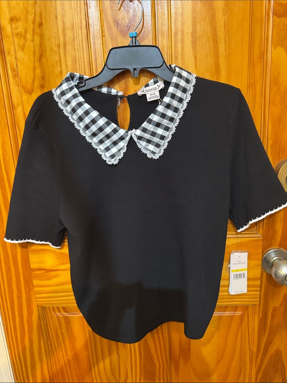 Nanette Lepore Black Knit Top with Gingham Lace Collar